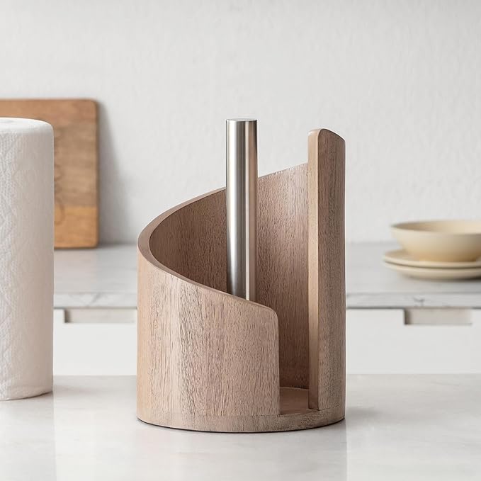 Anji Mountain Wooden Paper Towel Holder with Iron Holder, Holder Stand for Kitchen Roll Organizer & Kitchen Dining Table Home Décor, Countertop Fits Jumbo & Mega Rolls - Biscotti/Nickel, Classic