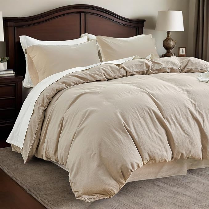 QKTE French Linen Duvet Cover Set, 3 PCS Natural French Flax Beige Duvet Cover King Size, Breathable Soft Comfy Linen Bedding Comforter Cover with 2 Pillowcases(Beige, 104" x 92")