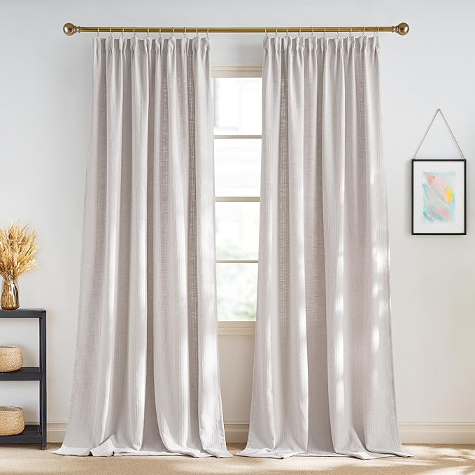 NICETOWN Boho Linen Curtains Jacquard Waffle Weave Pattern, Window Treatments Privacy with Light Filtering Drapes for Living Room, Angora, W52 x L96, 2 Panels