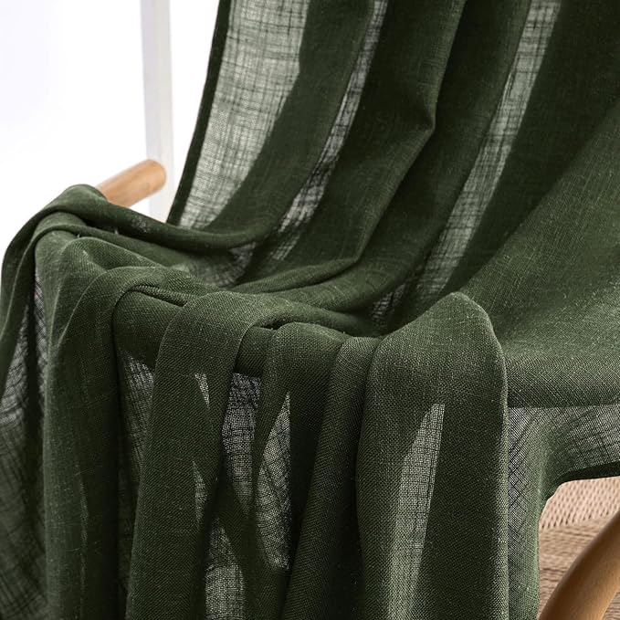 MIULEE Olive Green Linen Curtains 63 Inch Length 2 Panels for Bedroom Living Room, Soft Thick Linen Textured Kitchen Window Drapes Semi Sheer Light Filtering Back Tab Rod Pocket Burlap Look Decor