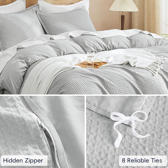 PHF Waffle Weave Duvet Cover California King, No Snagging Ultra Soft Luxury Textured Breathable Comforter Cover for All Season 3pcs, Durable Bedding Duvet Set with 2 Pillow Shams, 104"x98", Light Grey