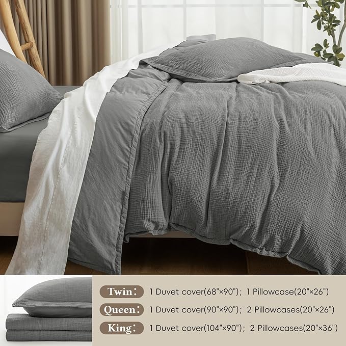 David's Home 100% Cotton Muslin Duvet Cover Set Twin Size,2 Pcs Ultra Soft Breathable & Lightweight Gauze Bedding Set with 1 Pillowcase,Textured Home Decor with Button, 68"×90" Dark Grey,No Insert