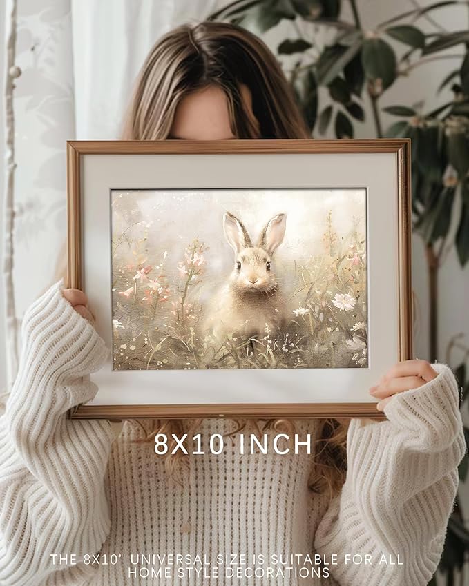 Vodefoad Easter Bunny Vintage Print, Rabbit in Spring Landscape Painting, Funny Rustic Summer Decor, Hare Nursery Wall Art Printable, Neutral Moody Meadow Oil Painting Vintage Art Pictures for Bedroom Bathroom Decor - 8x10Inch Unframe