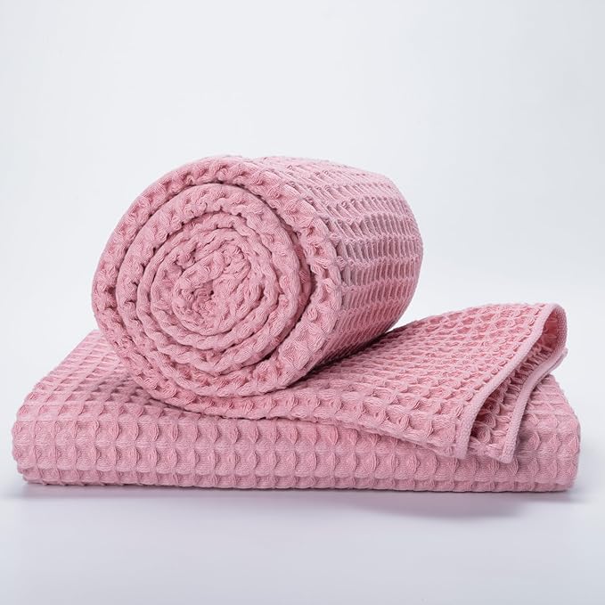 Luxury Organic Japanese Cotton Waffle Bath Towel | Thick, Absorbent, Quick Dry Bathroom Towels for Shower, Sauna, Onsen| Hotel & Spa Quality, Gift-Ready (Sakura Pink, Bath Sheet (2 Pack))