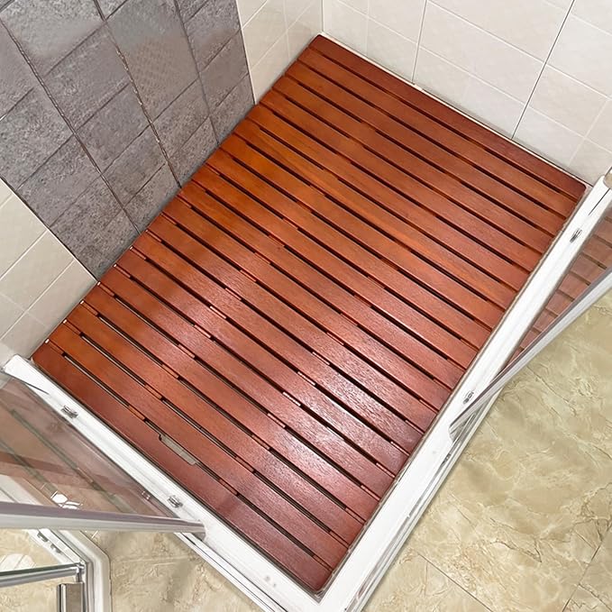 Bamboo Bath Mat for Bathroom Rectangular Wooden Shower Mat Red Walnut Color Home Spa Duckboard (60x120cm)