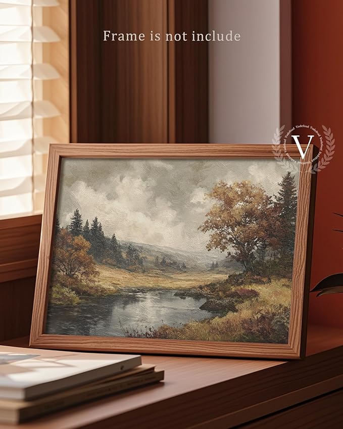 Vodefoad Autumn Landscape Retro Vintage Canvas Wall Art Vintage Landscape Wall Art, Farmhouse River Painting, Cottagecore Decor Fall Landscape Print Moody Autumn Print for Bedroom Bathroom Decor - 8x10Inch Unframe