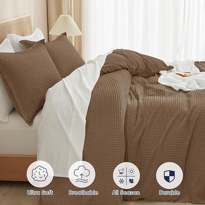 PHF Waffle Duvet Cover Set King Size, No Snagging Ultra Soft Luxury Textured Breathable Comforter Cover for All Season 3pcs, Durable Bedding Duvet Set with 2 Pillow Shams, 104"x90", Mocha