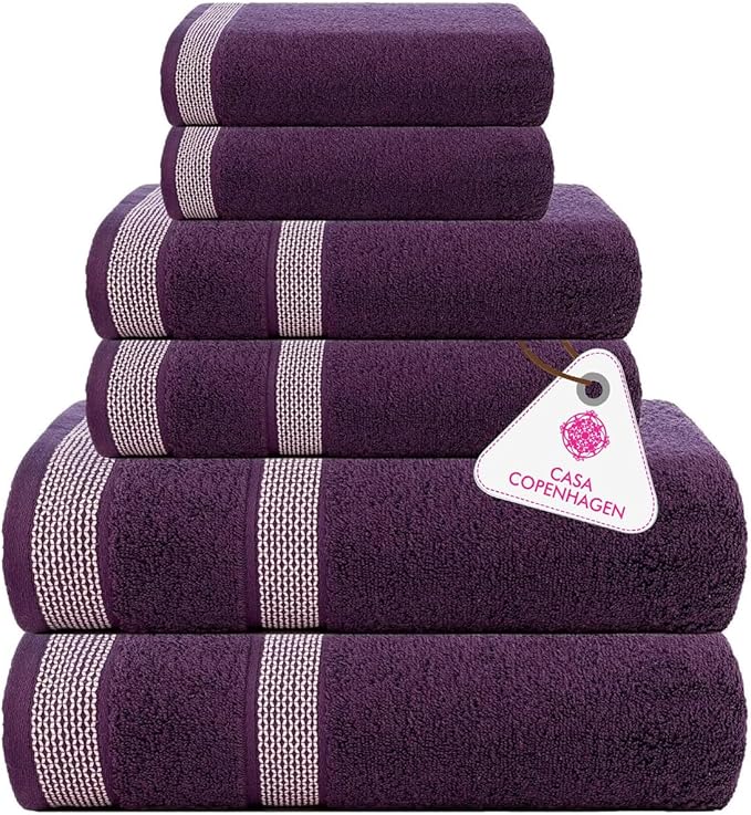 CASA COPENHAGEN Solitaire 6Pcs 100% Egyptian Cotton Large Designer Towels Gift Set- Dark Purple, 600GSM, 2Bath 2Hand 2Washcloths, Bath Towels for Bathroom Set for Women & Men