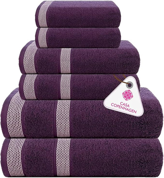 CASA COPENHAGEN Solitaire 6Pcs 100% Egyptian Cotton Large Designer Towels Gift Set- Dark Purple, 600GSM, 2Bath 2Hand 2Washcloths, Bath Towels for Bathroom Set for Women & Men