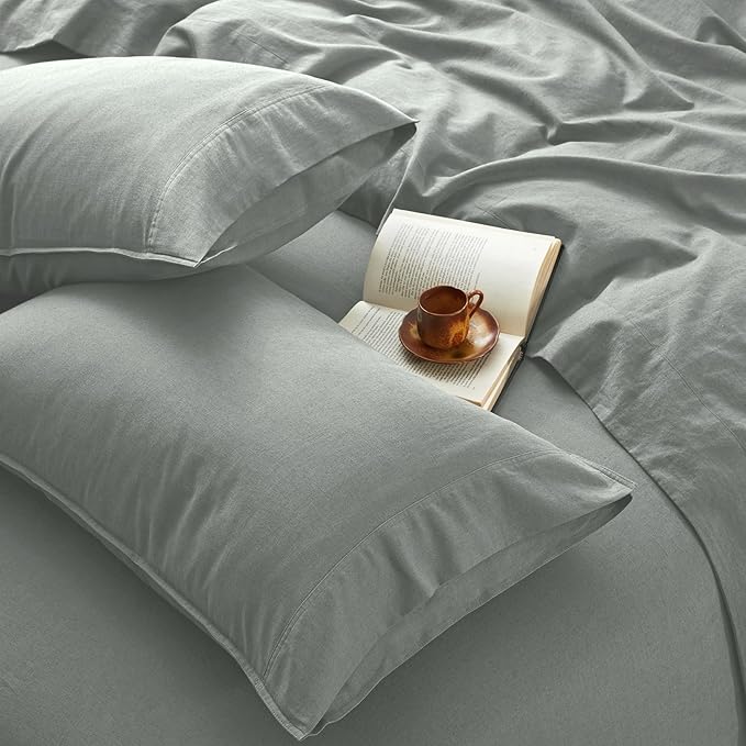 4Pcs Organic Linen Sheets Full Size, 100% French Linen from Normandy, Tear-Resistant Earl Gray Bed Sheets Full Sheet Set with 16 Inch Deep Pocket, 1 Flat Sheet, 1 Fitted Sheet, 2 Pillowcases