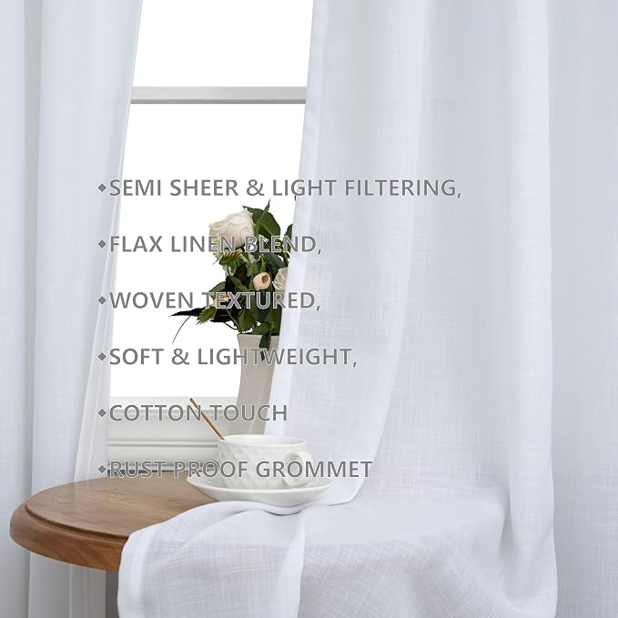 Pitalk White Sheer Curtains 45 Inch Length for Bathroom Window 2 Panels Set Gourmet Non See Through Linen Short Cafe Window Treatments Valance for Kitchen Small Bedroom