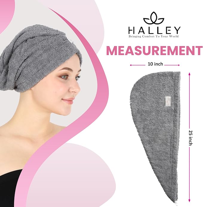 HALLEY Cotton Hair Towel Wrap (3 Packs) Super Absorbent Fast Drying Turbans for Wet Thick Hair with Button (Grey)
