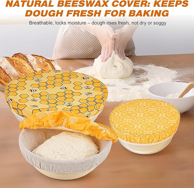 6 Pcs Beeswax Bowl Covers Reusable,Large Reusable Bowl Covers for Bread Proofing,Stretchable to Fit 8/10/12 Inch Bowls (2 Each),Beeswax Wraps for Bread,Leftovers,Fruits,Salad