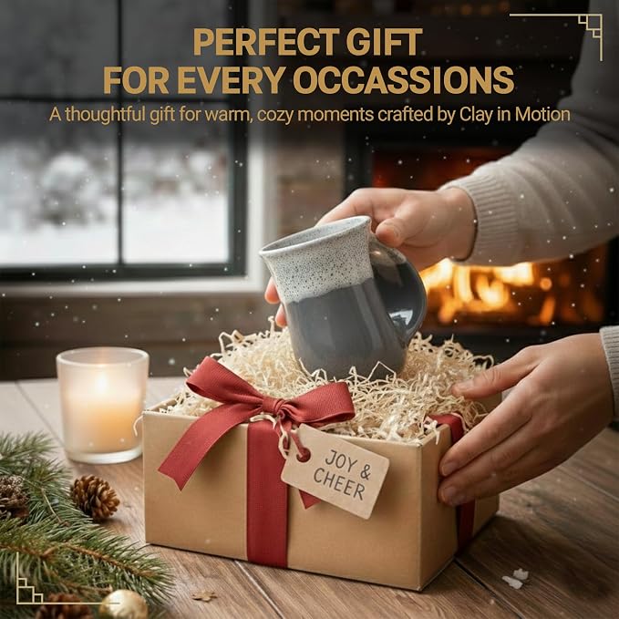 Clay in Motion Hand Warmer Coffee Mug – Handmade Coffee Mug With Comfortable Handle Contoured Pocket Hand Warming Ceramic Coffee Mug – Proudly Made in USA – Right Handed – 14 Oz - Snowcap