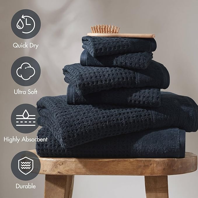 Madison Park Spa Waffle 100% Cotton Luxurious Towel Set, Premium Texture Waffle Weave, Highly Absorbent, Quick Dry, Hotel & Spa Quality Wash Clothes for Bathroom, Assorted Sizes, Navy 6 Piece