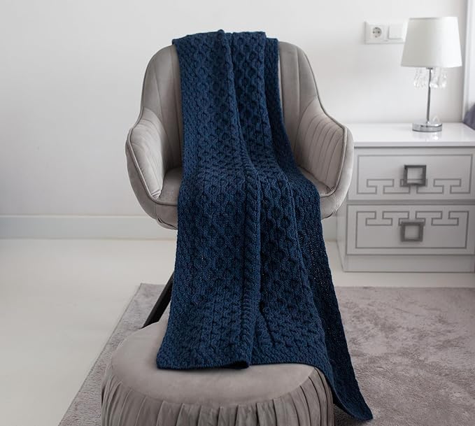 SAOL Bed Throw Blanket Irish Aran 100% Soft Merino Wool 60x36 Inches (Ocean Blue)
