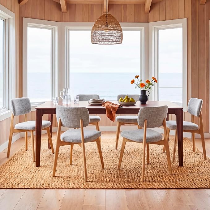 COLAMY Dining Chairs Set of 6, Modern Upholstered Kitchen Room Chairs with Solid Natural Oak Wood Legs, 5-Min Easy Assembly Anti-Wobble, High-Weight Fabric Farmhouse Side Chair, 300lbs,Oak,LightGrey