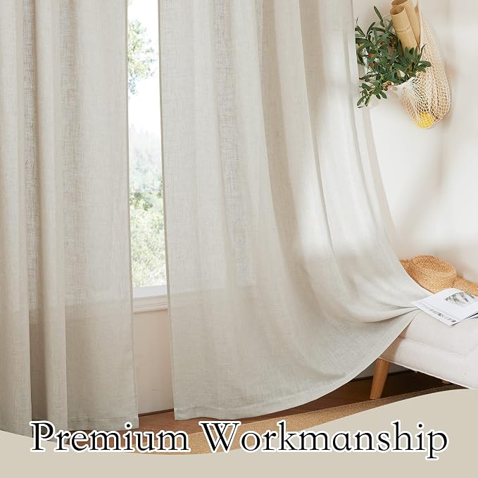 RYB HOME Semi Sheer Curtains - Linen Textured Curtains Light Filtering Privacy Panels for Patio Sliding Glass Door Office Large Window Decor, Angora, 52 inch Width x 108 inch Length, 2 Pcs