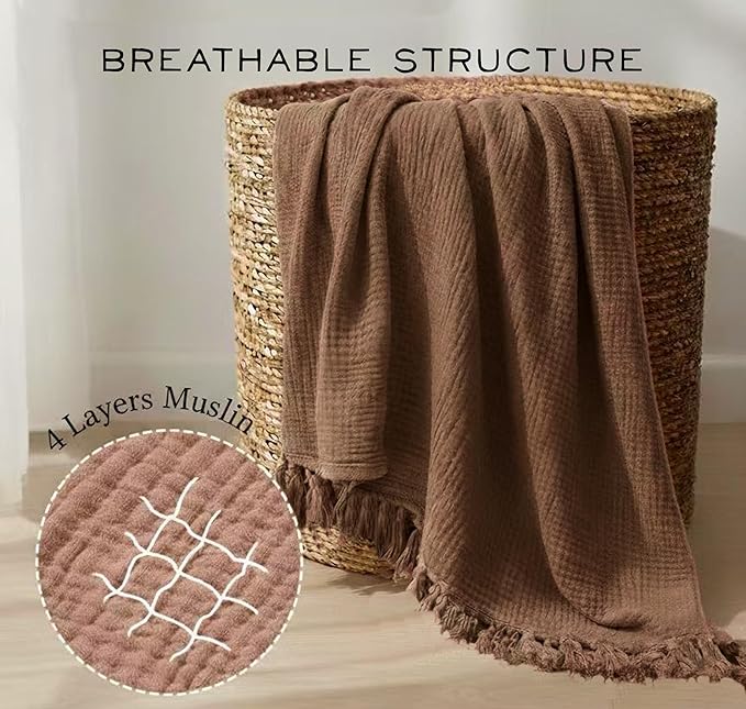 KyraHome 100% Organic Cotton Throw Blankets for Couch, 50" x60“, Pre-Washed Breathable Lightweight Gauze Muslin Blankets for Adults, Napping, Picnic, All-Season, Brown