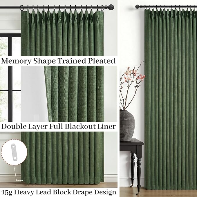 Natural Linen Double Layer Blackout Nursery Curtains 78 Inches Long 2 Panels Set, Loden Memory Trained Pinch Pleated Heat Blocking Noise Cancelling Rustic Windows Drapes 40W x 78L Kids Room Darkening