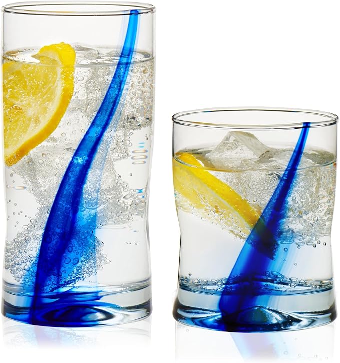Libbey Blue Ribbon Tumbler and Rocks Drinking Glass Set of 8, Artisanal, Four-Dimpled Glass Cups Set, Clear Glassware Drinking Glasses for Daily Use