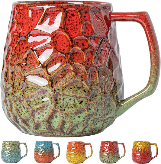 18oz Unique Red & Green Kiln-Change Ceramic Coffee Mug, Handcrafted Hammered Texture Ceramic Mug with Ergonomic Handle, Microwave & Dishwasher Safe, Gift for Coffee Lovers, Home Office Daily Use