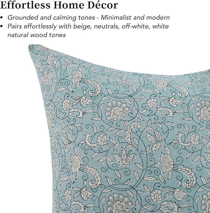 Handmade Block Print 100% Thick Cotton 20 x 20 inch Throw Pillow Cushion Cover with Zipper - Pillowcase for Bedroom, livingroom, Couch, Sofa, Outdoor, Chair, Bed, Home Décor-Lina (Misty Blue)