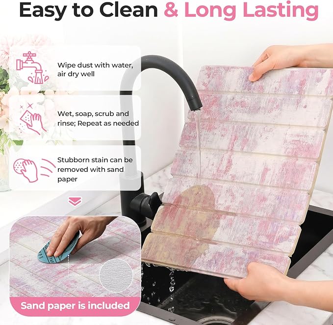 Findosom Stone Dish Drying Mat for Kitchen Counter, 15.7" × 11.8" Foldable Non-Slip Stone Drying Mat with Abstract Pattern, Heat Resistant Diatomaceous Earth Mat for Bath, Dishes, Cups, Pink