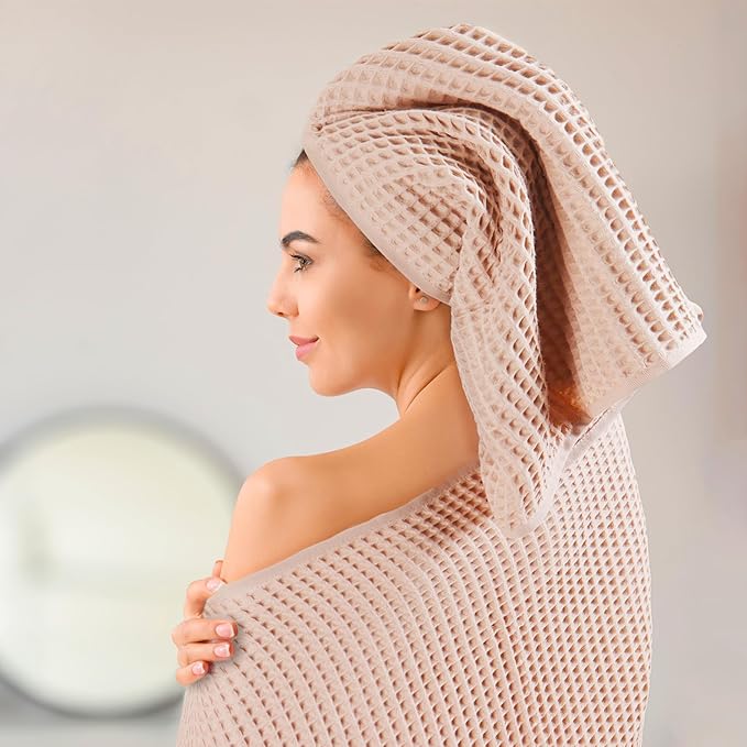 PÜSKÜL - Set of 3 Organic Waffle Hand Towel Beige - Premium Quality, 100% Turkish Cotton, Soft, Quick-Dry, Absorbent, Lint-Free Face Kitchen Hand Towels (Beige, Hand Towels - Pack of 3)