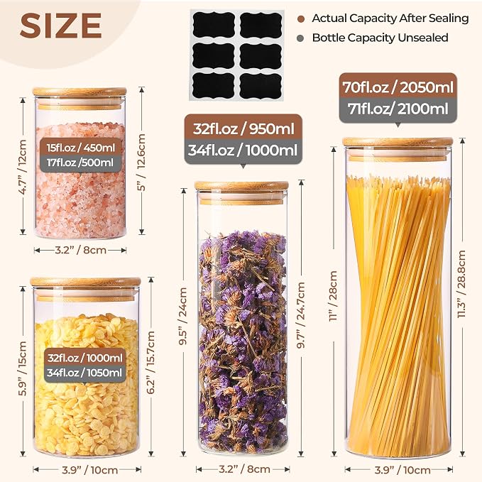ComSaf Set of 12 Glass Storage Containers with Lids, Glass Jars with Bamboo Lids, Clear Food Storage Jar, Round Glass Canister, Pantry Organizers and Storage for Pasta Flour Rice Coffee Bean