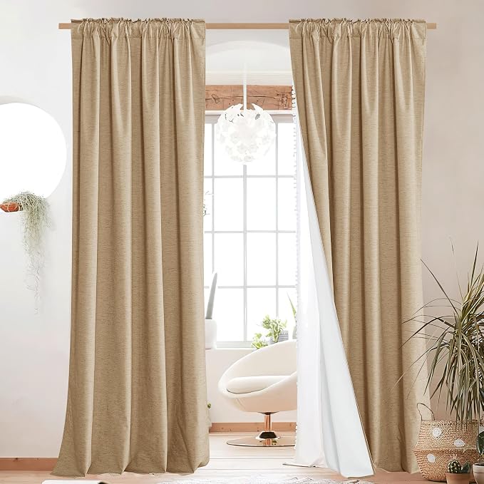 NICETOWN 100% Blackout Linen Curtains for Living Room with Thermal Insulated White Liner, Camel, 52" Wide, 2 Panels, 84" Long Drapes, Back Tab Retro Linen Curtains Vertical Drapes Privacy for Bedroom