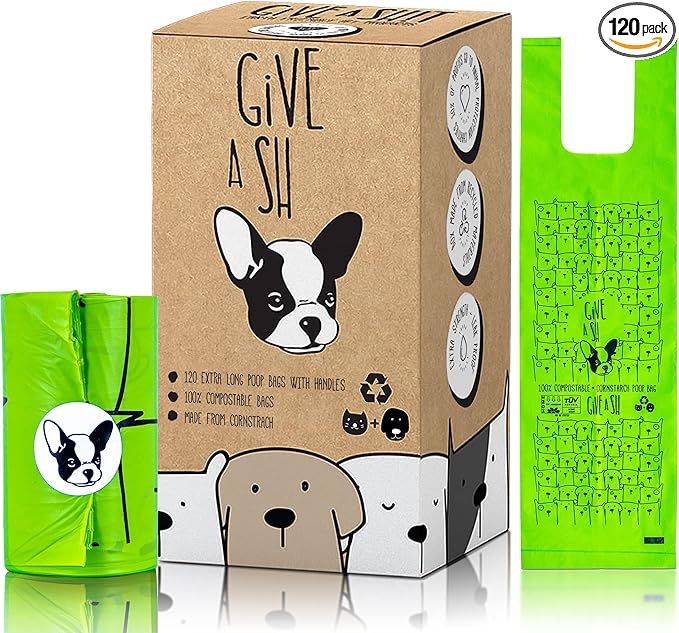 100% Certified Home Compostable Dog Poop Bags with Handles - 10% to Charity - ASTM D6400 & EN 13432 Compliant - 120 x Plant Based Compostable Poop Bags (10 Rolls)