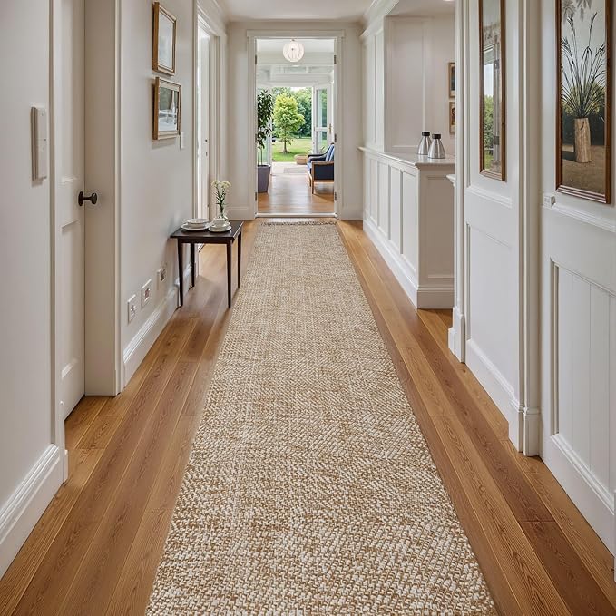 Collive Boho 18 ft Long Runner Rug for Hallway, Washable Kitchen Runner, Cotton Hand-Woven Farmhouse Neutral Carpet Runners, Tan/Cream Low Pile Entryway Floor Runners for Bedroom