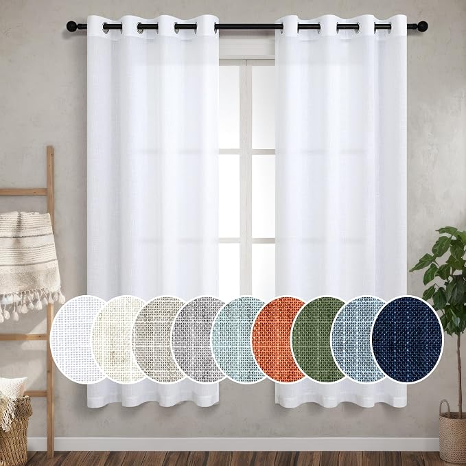 White Sheer Curtains 63 Inch Length for Bedroom 2 Panels Set Semi Transparent Linen Drapery Nursery Privacy Draperies Sill Boho Farmhouse Light Filtering Drape for Living Room Window 63 Inches Long