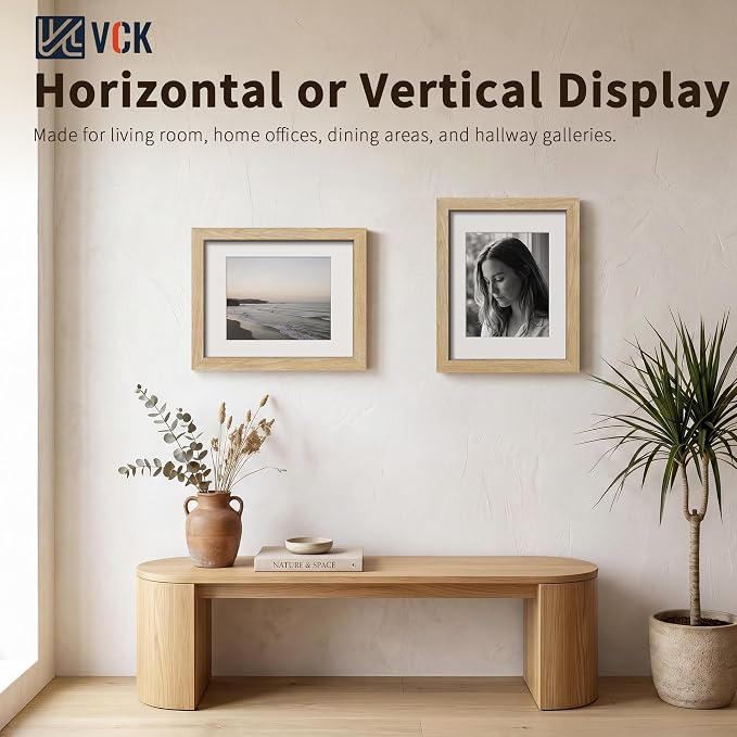 VCK 11x14 Picture Frames Natural - 3 Pack, Wide Border Solid Wood, Tempered Glass, Display 8x10 Photo with Mat or 11 x 14 Without, for Home, Office, Gallery, Woodgrain Series, Wall Hanging