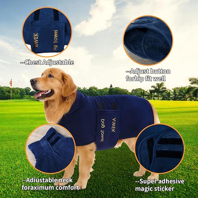 Dog Towel Dog Bathrobe, Microfiber Super Absorbent Pet Bathrobe for Dogs and Cats, Quick Drying Robe After Bath, Adjustable Collar & Belly Strap, Blue, M