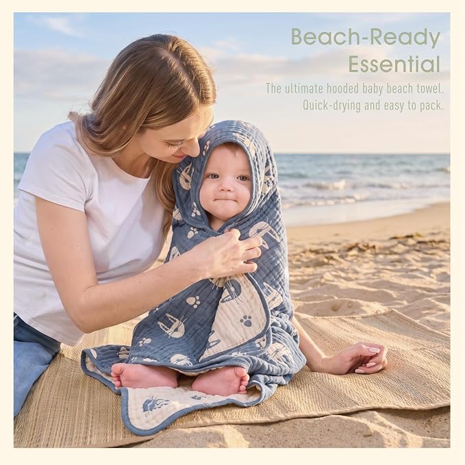 Ultra-Soft Muslin Baby Towel - 32 x 32 Inches, Ideal for Bath & Beach, Suitable for Both Boys & Girls from Newborns to Toddlers (Navy Blue Bunny)