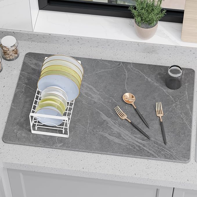 Large Stone Drying Mat for Kitchen Counter, 24" × 16" Diatomite Dish Drying Mat, Quick Dry Stone Mats, Ultra Absorbent Natural Diatomaceous Earth Mats for Dished, Bottles, Black Marble