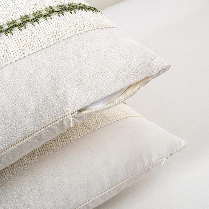 Fancy Homi Set of 1 Boho Moss Green Decorative Throw Pillow Cover 16x16 Inch for Couch Bed Sofa, Aesthetic Modern Organic Farmhouse Home Decor, Soft Cotton Cute Accent Macrame Woven Cushion Case
