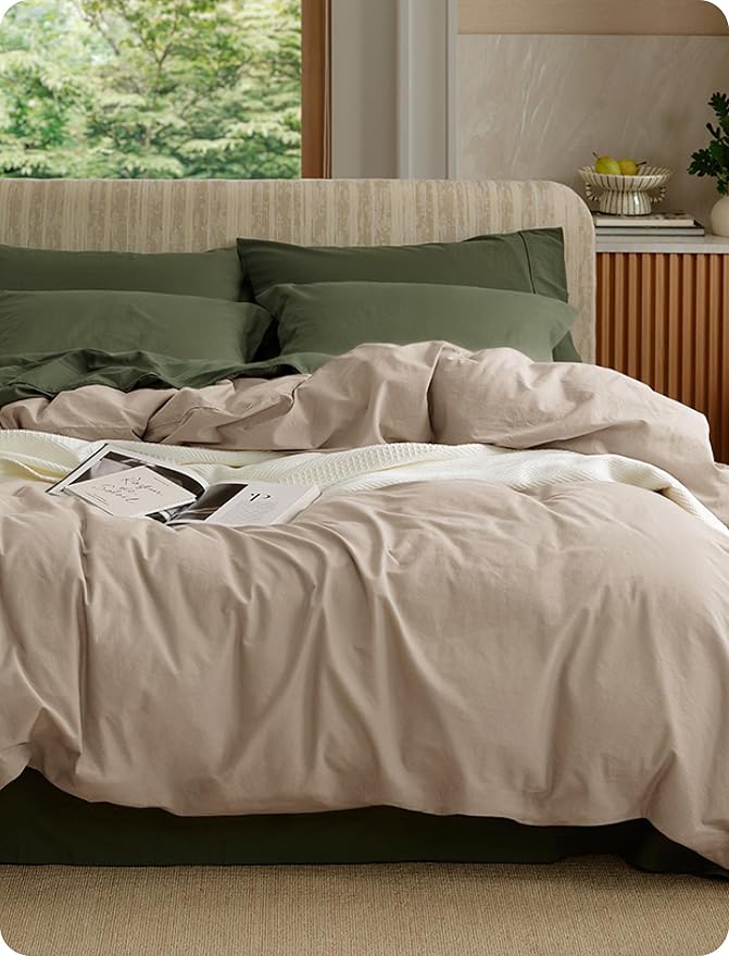 Bedsure Duvet Cover Queen Size - 100% Washed Cotton, Linen-Like Minimalist Bedding - PureWoven Plain Soft Comforter Cover for All Seasons, 1 Duvet Cover Only (Frosted Almond, 90" x 90")