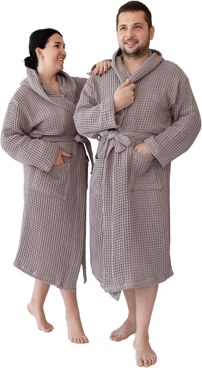 Unisex Hooded Waffle Robe for Women & Men 100% Turkish Cotton | Quick-Dry Bathrobe | Cozy Housecoat for Lounging