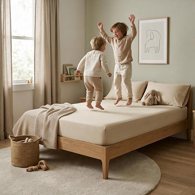 MakeMake Organics Organic Full Fitted Sheet Set GOTS Certified Organic Cotton Fitted Sheet with 2 Pillowcase Ultra Soft Non Toxic Breathable Hypoallergenic Colorful Neutral (Full, Solid Oat)
