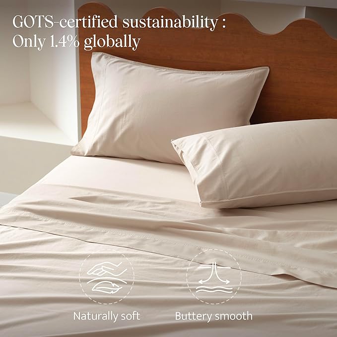 Double Stitch 100% Organic Cotton Sheets, Queen Sheet Set, GOTS Certified Long Staple Cotton Bedsheets, Luxury & Soft Hotel Bed Sheets with 16 inches Deep Pocket, Made in India Beige