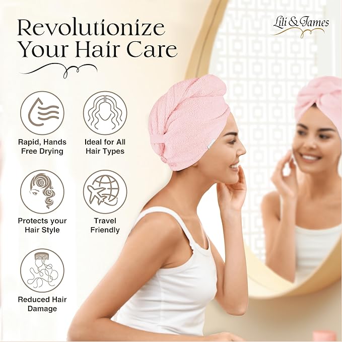 Lili&James 100% Cotton Hair Towel Wrap for Women/Kids | Quick Dry, Soft & Absorbent 420-GSM Hair Wrap Towels with Double Button | Anti Frizz, Non Microfiber Hair Turbans for Curly, Long Hair (Pink)