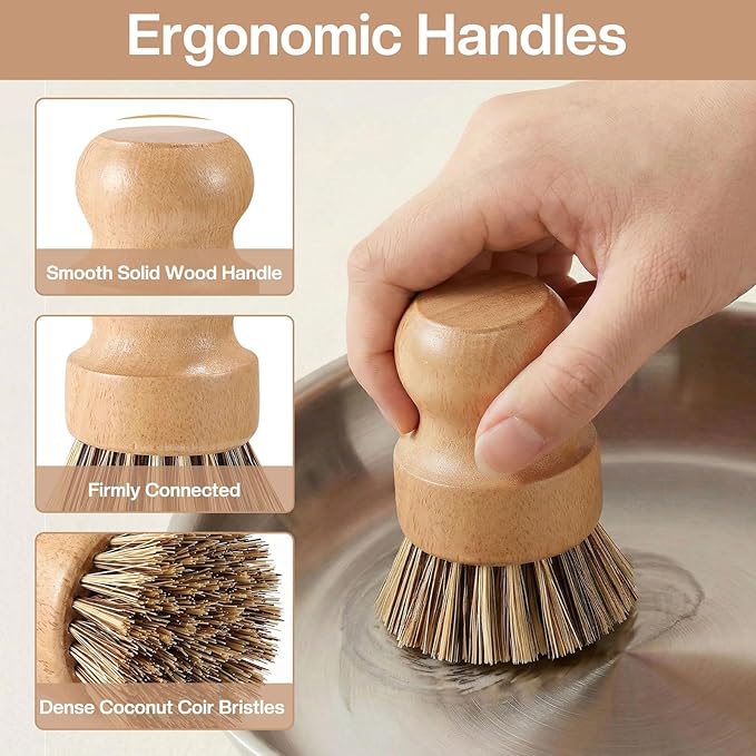 5 Pcs Bamboo Wood Dish Brush Set Includes 1 Wooden Handle with 3 Natural Replaceable Bristle Heads and 1 Handheld Bamboo Wok Brush Scrubber for Dishes Pans Pots Fruit and Veggie Washing(Style A)