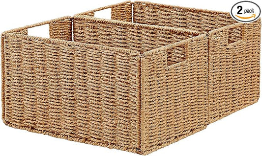 Vagusicc Wicker Storage Basket, Set of 2 Hand-Woven Paper Rope Wicker Basket, Small Storage Baskets for Organizing Toilet Paper Basket, Foldable Large Cube Storage Organizer Bins for Shelves (Natural)