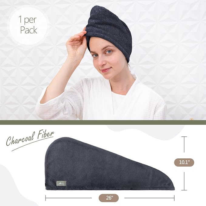 myHomeBody Hair Towel Wrap, Quick Drying Turban, Absorbent Cap – Blue | Hair Turban Towel for wet hair, Ultra Soft Charcoal Fiber Cap, Towel Head Wrap for bathing with Coconut Shell Button