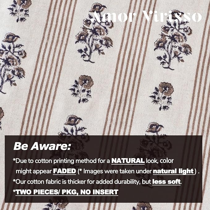 Amor Virisso Floral Throw Pillow Covers 20x20 Set of 2 Block Print Pillow Covers Neutral Floral Striped Farmhouse Decorative Pillow Covers for Sofa Couch Bed, Brown