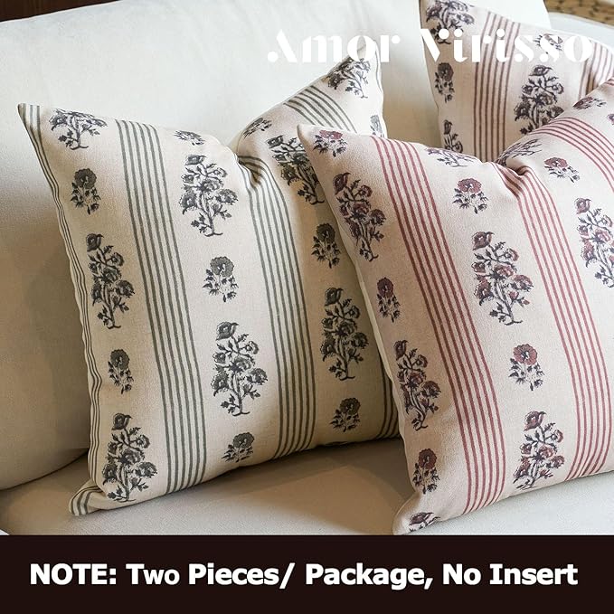 Amor Virisso Floral Throw Pillow Covers 22x22 Set of 2 Block Print Pillow Covers Neutral Floral Striped Farmhouse Decorative Pillow Covers for Sofa Couch Bed, Dusty Green