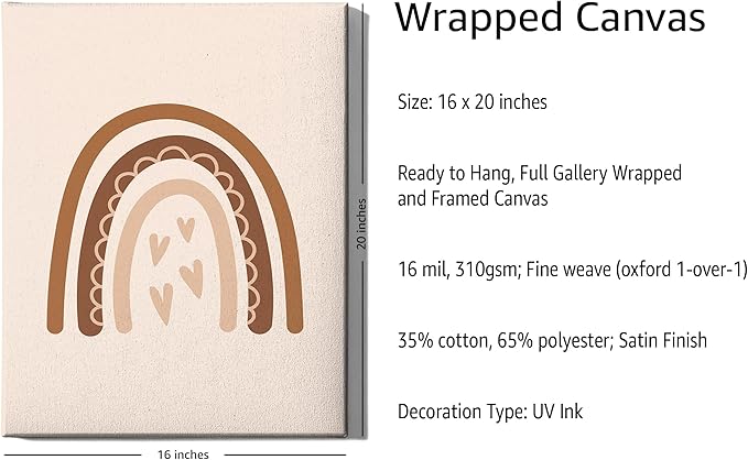 Y2K BOO Boho Nursery Rainbow Wrapped Canvas Wall Art with Hearts Earth Tones Terracotta Brown 16x20 Inch Gallery Stretched Modern Home Decor